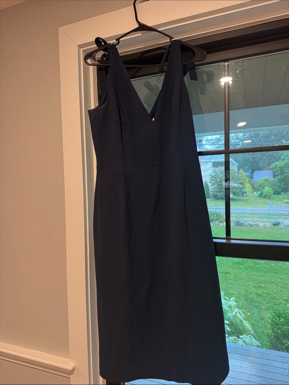 Dress the Population Navy V-Neck Midi Sheath Dress with Tie Shoulders